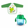Set de hranire cu 2 piese, Canuta Philips Avent cu tetina de formare, 6 luni+, 200 ml, Verde si  baveta impermeabila cu maneci, Dino - 1