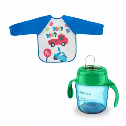 Set de hranire cu 2 piese, Canuta Philips Avent cu tetina de formare, 6 luni+, 200 ml, Verde si  baveta impermeabila cu maneci, Guardian