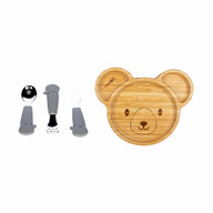 Set de hranire cu 2 piese, Farfurie compartimentata din bambus si set de 3 tacamuri din inox inoxidabil, FreeON, Bear/Grey