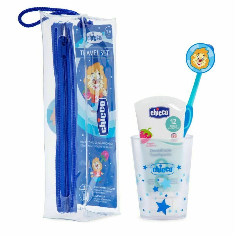 Chicco - set de igiena orala , albastru, 36luni+ (pasta dinti, periuta, pahar, etui)