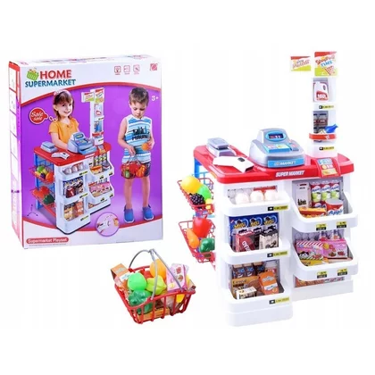 Set de joaca, Jokomisiada, Supermarket, Cu casa de marcat, Cos, Accesorii, 24 piese, 3 ani+, Multicolor