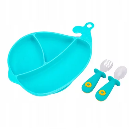 Set de masa, Giligums, Balena, Cu farfurie, Cu 2 tacamuri, Din silicon, Fara BPA, 6 luni+, Albastru