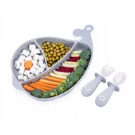 Set de masa, Giligums, Balena, Cu farfurie, Cu 2 tacamuri, Din silicon, Fara BPA, 6 luni+, Gri