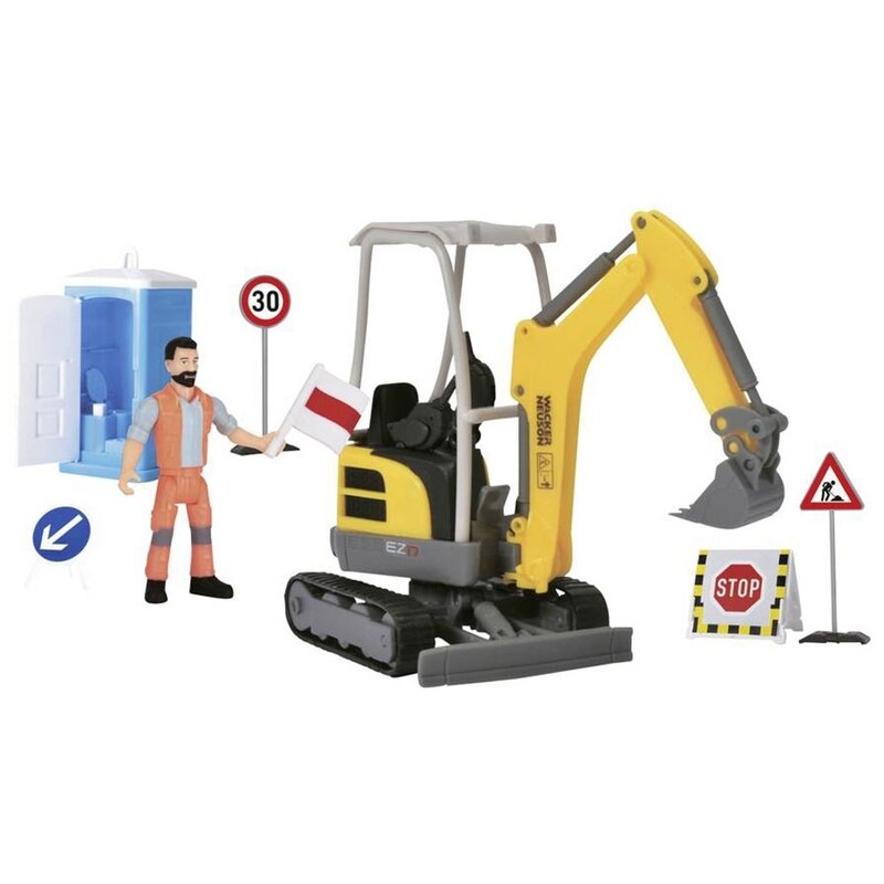 Dickie Toys - Set de joaca Excavator Road Work Neuson, Cu figurina, Cu Excavator, Cu semne rutiere