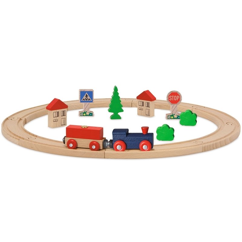 Eichhorn - set din lemn tren albastru cu sina circulara si accesorii