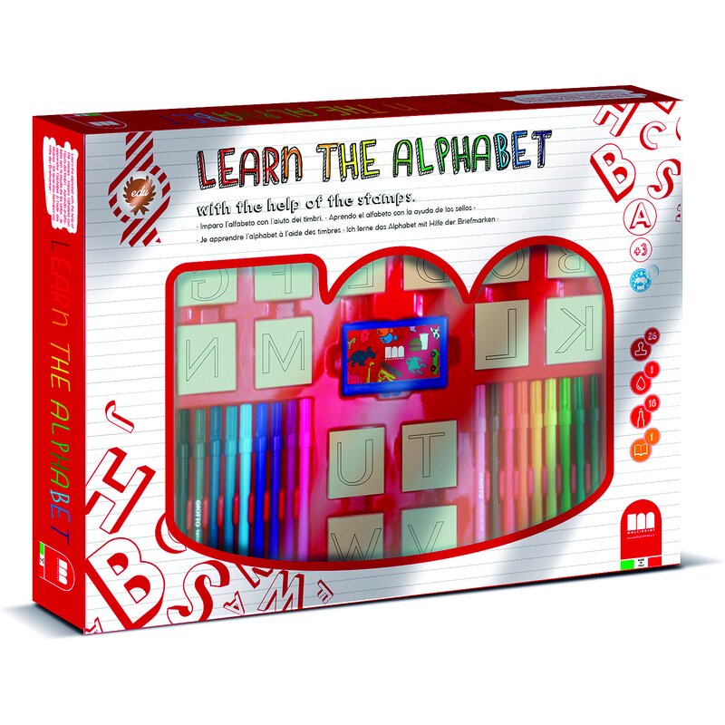 Multiprint - set educativ cu stampile alfabet 46 piese, 26 stampile, tus, 18 carioci si caiet cu activitati mp1941