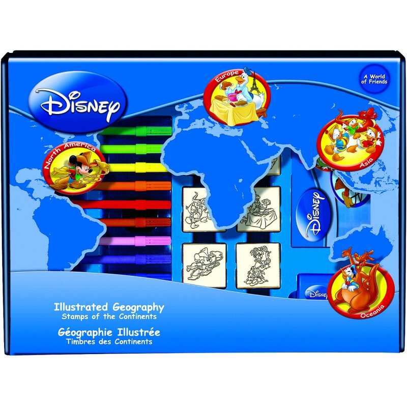 Multiprint - set educativ cu stampile geografia disney 23 piese, 7 stampile, tus, 12 carioci, rigla, harta lumii si caiet cu activitati mp1938