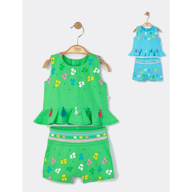 Set elegant bluzita de vara cu pantalonasi pentru fetite Ciucurasi, Tongs baby (Culoare: Verde, Marime: 24-36 luni)