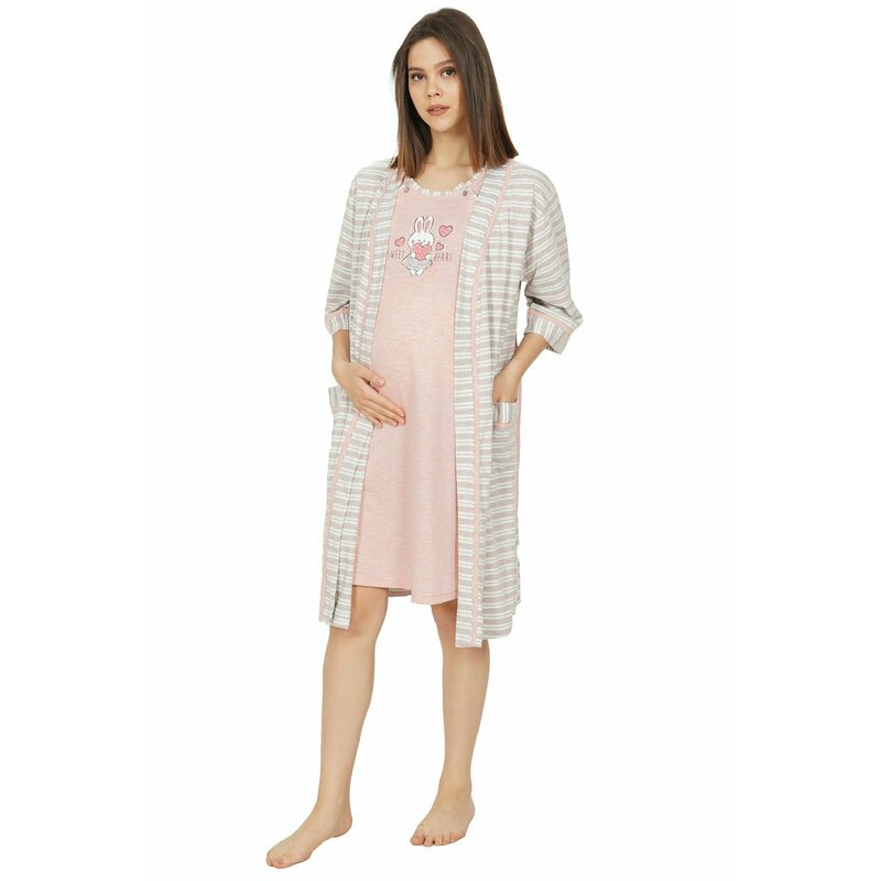 SassyMood - Set Halat , Cu iepuras, Cu rochita pentru sarcina si alaptare din Bumbac, XL, Roz
