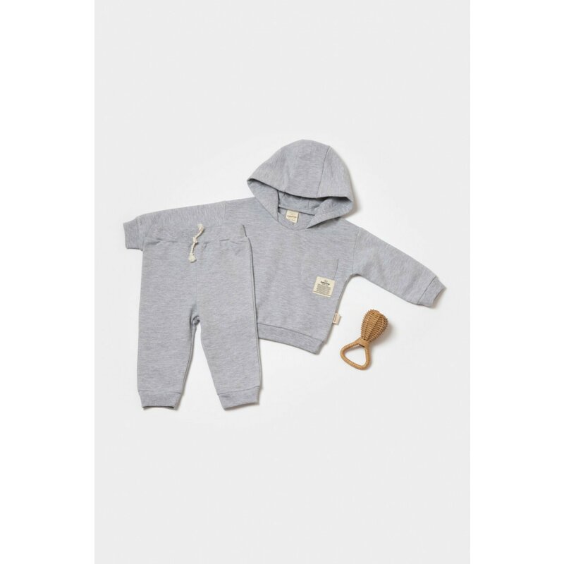 Set hanorac cu gluga si pantaloni, Two thread, 100%bumbac organic - Gri, BabyCosy (Marime: 12-18 Luni)