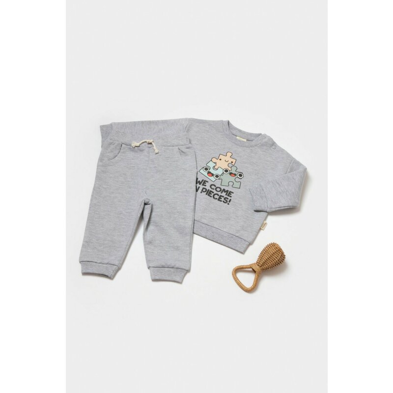 Set hanorac si pantaloni, Two thread, 100%bumbac organic - Gri, BabyCosy (Marime: 12-18 Luni)