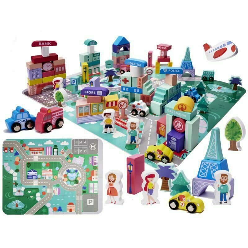 Set jucarii din lemn my town, 135 piese