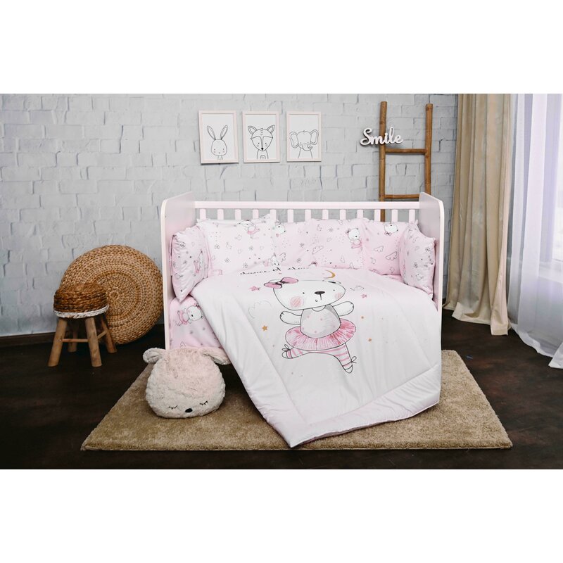 Lorelli - Lenjerie 8 piese , Ballerina Bear, Cu protectii laterale, din Bumbac, 140x70 cm, Roz