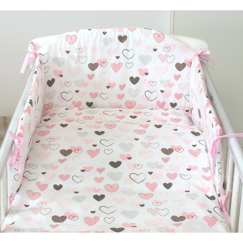 Set lenjerie din bumbac cu protectie laterala pentru pat bebe 120 x 60 cm, Inimioare , Amy