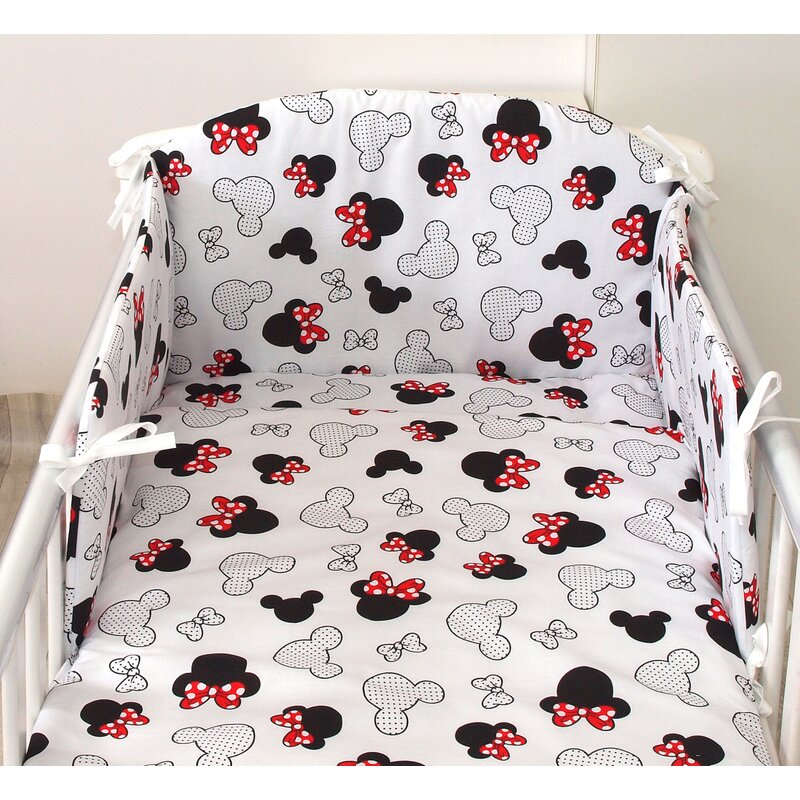 Set lenjerie din bumbac cu protectie laterala pentru pat bebe 120 x 60 cm, Miki, Amy