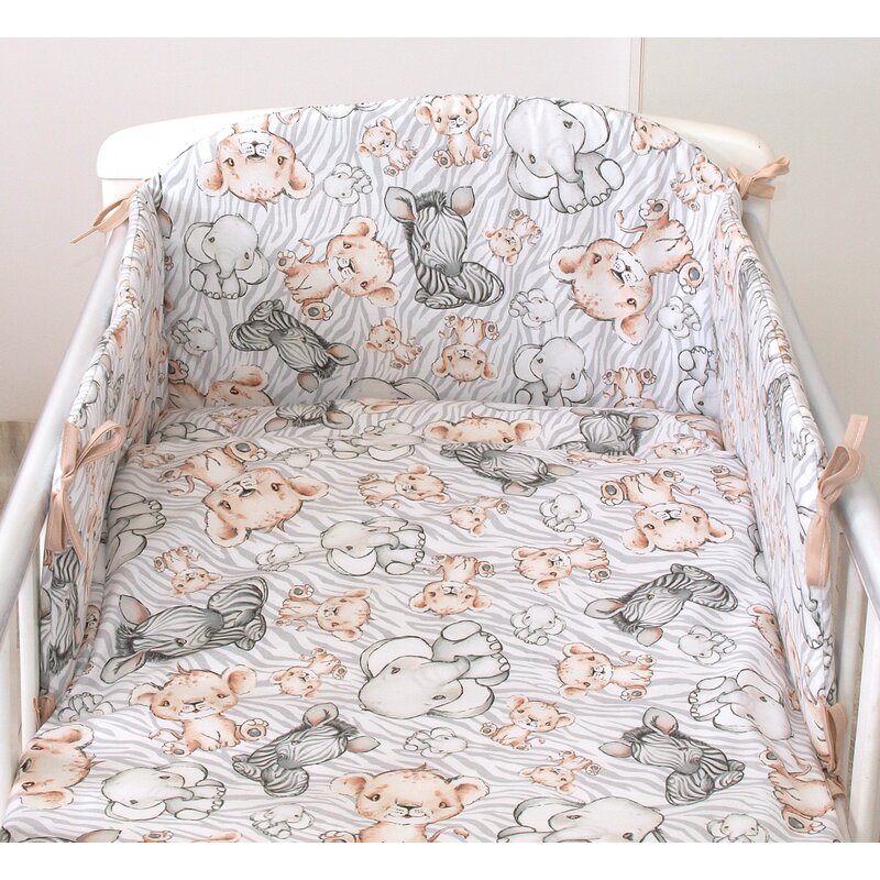 Set lenjerie din bumbac cu protectie laterala pentru pat bebe 120 x 60 cm, Safari Bej , Amy