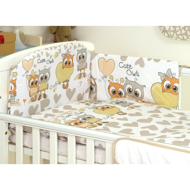 Amy - lenjerie 3 piese cu protectie laterala bufnita din bumbac, 120x60 cm, bej
