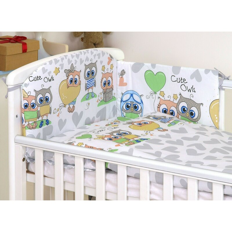 Amy - lenjerie 3 piese cu protectie laterala bufnita din bumbac, 120x60 cm, gri