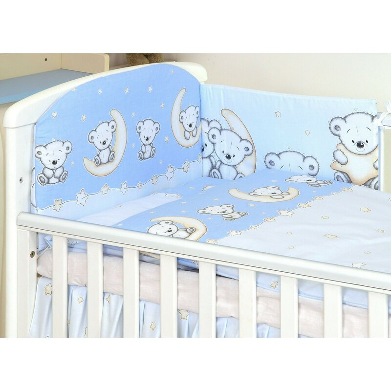 Amy - lenjerie 3 piese cu protectie laterala teddy bear din bumbac, 120x60 cm, albastru
