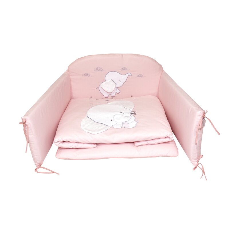 Amy - lenjerie 3 piese cu protectie laterala elephant din bumbac, 120x60 cm, roz