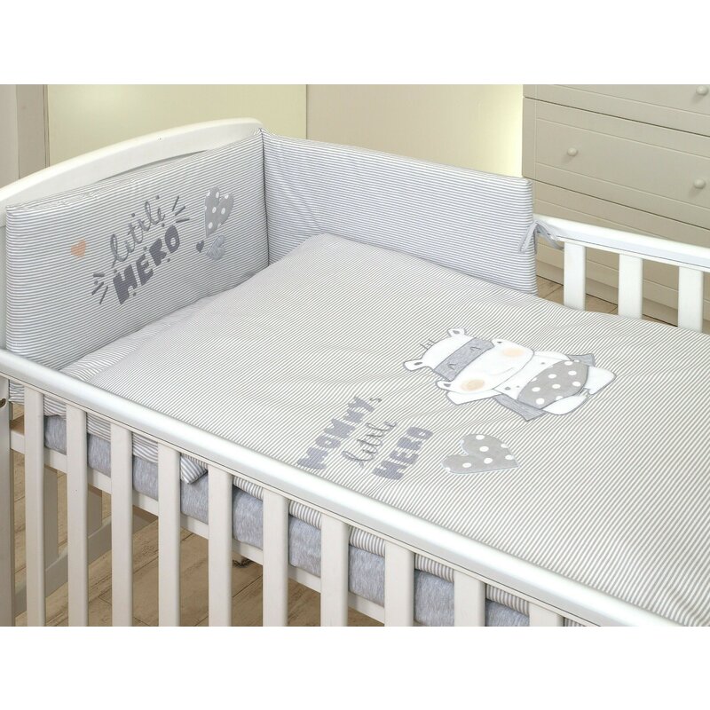 Amy - lenjerie 3 piese cu protectie laterala hero din bumbac, 120x60 cm, gri