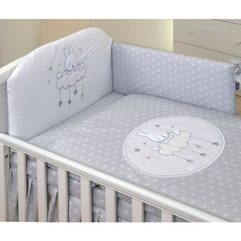 Amy - lenjerie 3 piese cu protectie laterala sky bunny din bumbac, 120x60 cm, gri