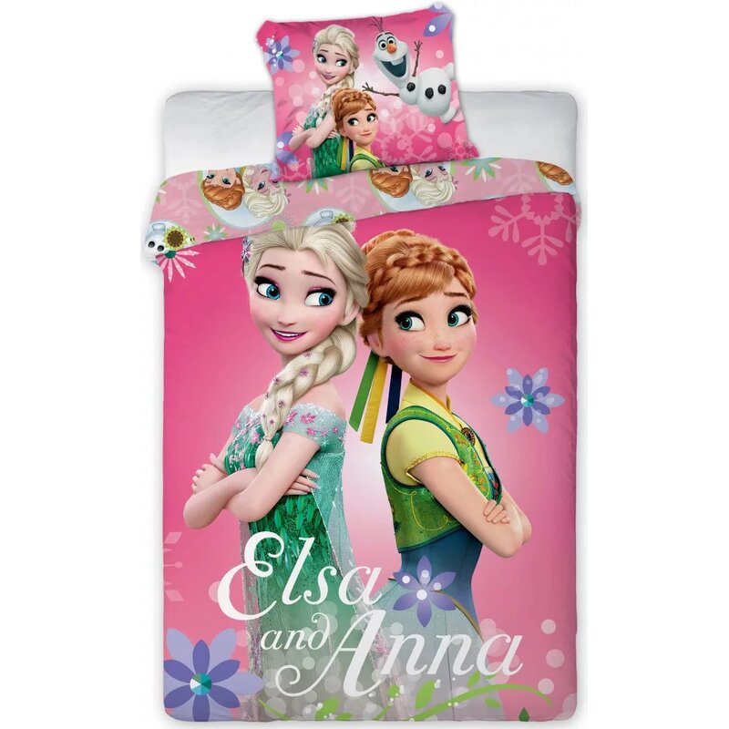 SunCity - Lenjerie 2 piese Elsa and Anna , Disney Frozen, Husa perna 60x40 cm, 135x100 cm, Roz