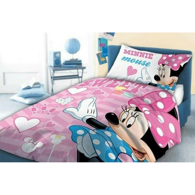 Suncity - lenjerie 2 piese sweet cu fata de perna 60x40 cm minnie mouse din bumbac, 135x100 cm, roz