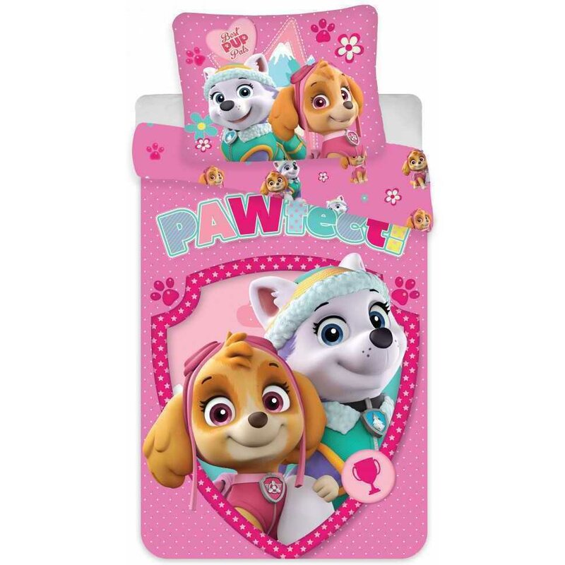 SunCity - Lenjerie 2 piese Skye and Everest Pawfect 60x40 cm, 135x100 cm Paw Patrol din Bumbac, Roz