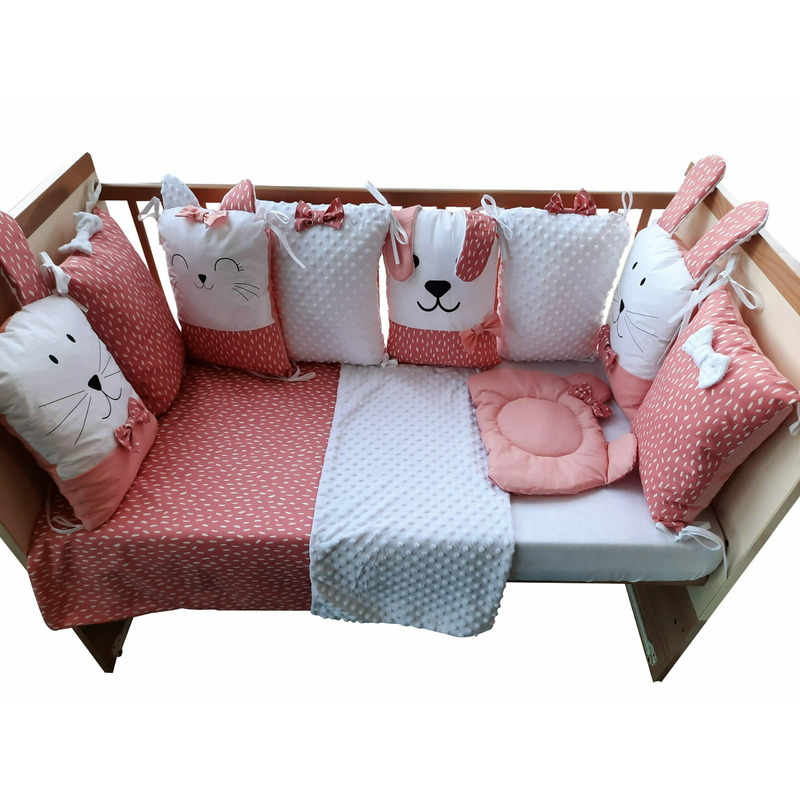 Lenjerie patut cu 12 piese, Bubaba, Pentru patut, Cu 8 aparatori laterale, Pernuta, Paturica, Husa pentru paturica, Cearceaf pentru saltele 120x60 cm sau 140x70 cm, Sleep Quardian Pink