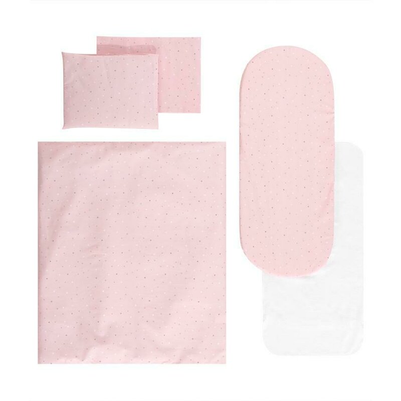 Set lenjerie pentru carucior, cu protectie impermeabila, 7 piese, Pink Sky