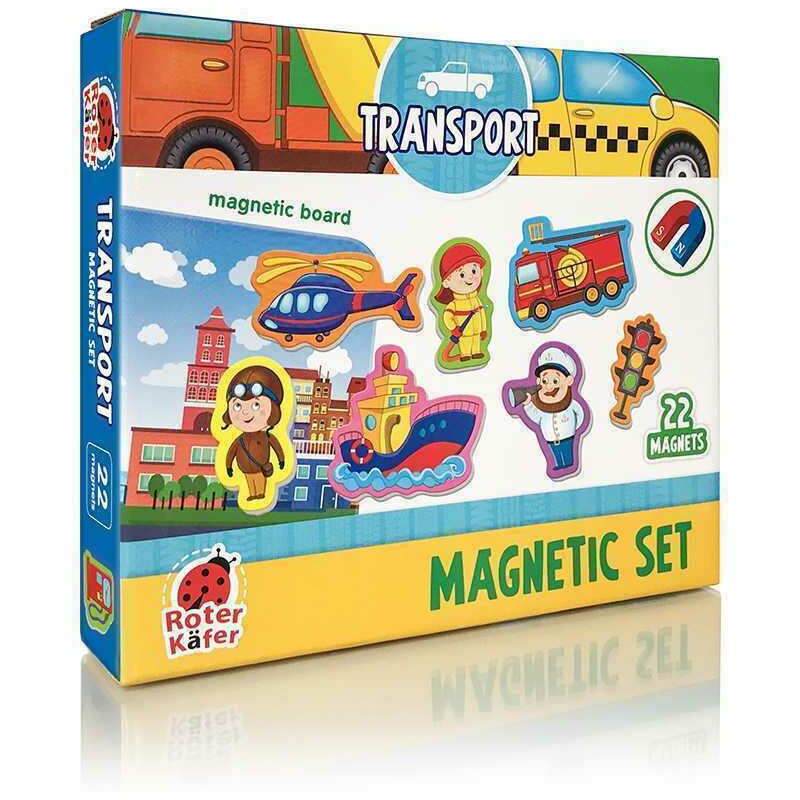 Roter kafer - jucarie magnetica mijloace de transport 22 piese, cu plansa magnetica inclusa