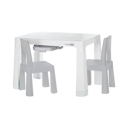 Set masuta si doua scaune, FreeON, Neo, Pentru copii, Cu doua sertare, Cu masa reglabila la doua inaltimi, Conform cu standardele europene de securitate EN71-1;2018, EN71-2:2020, EN71-3:2021, Gri