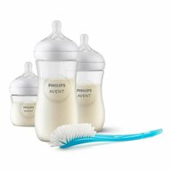 Set nou-nascuti, Philips Avent, Natural Response, 3 biberoane si 1 perie pentru biberoane, 125 ml, 260 ml, 330 ml, 0-3 luni+, Tetina fara scurgeri, Transparent