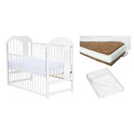 Set Patut din lemn bebe, Julia II cu laterala culisanta, 120x60 cm, Alb + Saltea patut bebe, Cocos Confort II, Cu husa detasabila, Antialergica, 120x60x8 cm + Protectie impermeabila, Pentru patuturi 120x60 cm, Alb