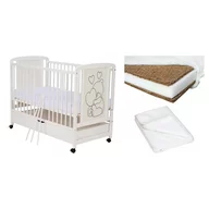 Set Patut din lemn bebe Qmini, Timmi Heart cu sertar, 120x60 cm, Alb + Saltea patut bebe, Cocos Confort II, Cu husa detasabila, Antialergica, 120x60x8 cm + Protectie impermeabila, Qmini, Pentru patuturi 120x60 cm, Alb