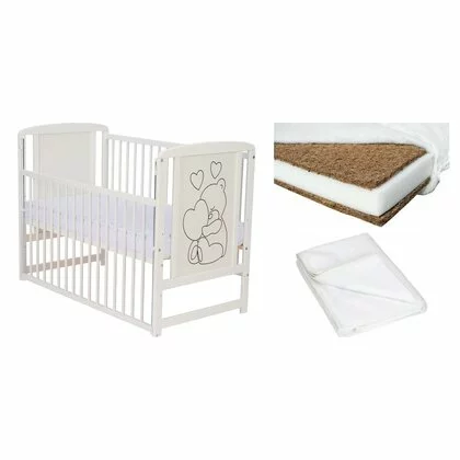 Set Patut din lemn bebe Qmini, Timmi Heart cu laterala culisanta, 120x60 cm, Alb + Saltea patut bebe, Cocos Confort II, Cu fibre de cocos si strat de burete, 120x60x10 cm + Protectie impermeabila, Pentru patuturi 120x60 cm, Alb