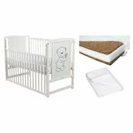 Set Patut din lemn bebe Babyneeds, Timmi, 120x60 cm, Alb + Saltea patut bebe, Cocos Confort II, Cu fibre de cocos si strat de burete, 120x60x12 cm + Protectie impermeabila, Pentru patuturi 120x60 cm, Alb