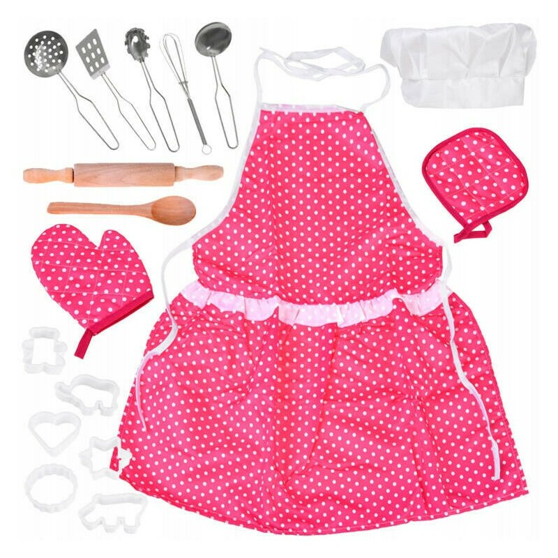 Set de bucatarie, Jokomisiada, Pentru copii, Include sort, boneta, manusi si accesorii, Contine 18 piese, 3 ani+, Pink