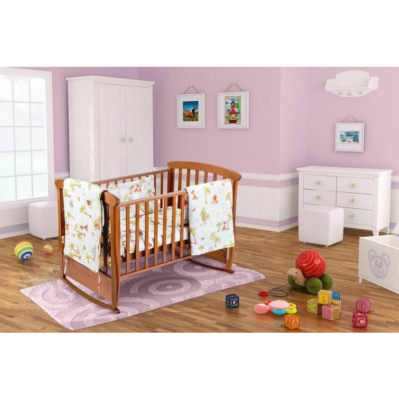 Set patut bebe, Somnart, cearceaf cu elastic pentru saltea 60x120x10, pernuta 37×55, pilota 100×105, aparatori 180x45, model Jungle