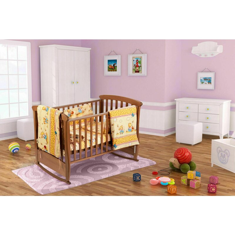 Set patut bebe, Somnart, cearceaf cu elastic pentru saltea 60x120x10, pernuta 37×55, pilota 100×105, aparatori 180x45, model Honey