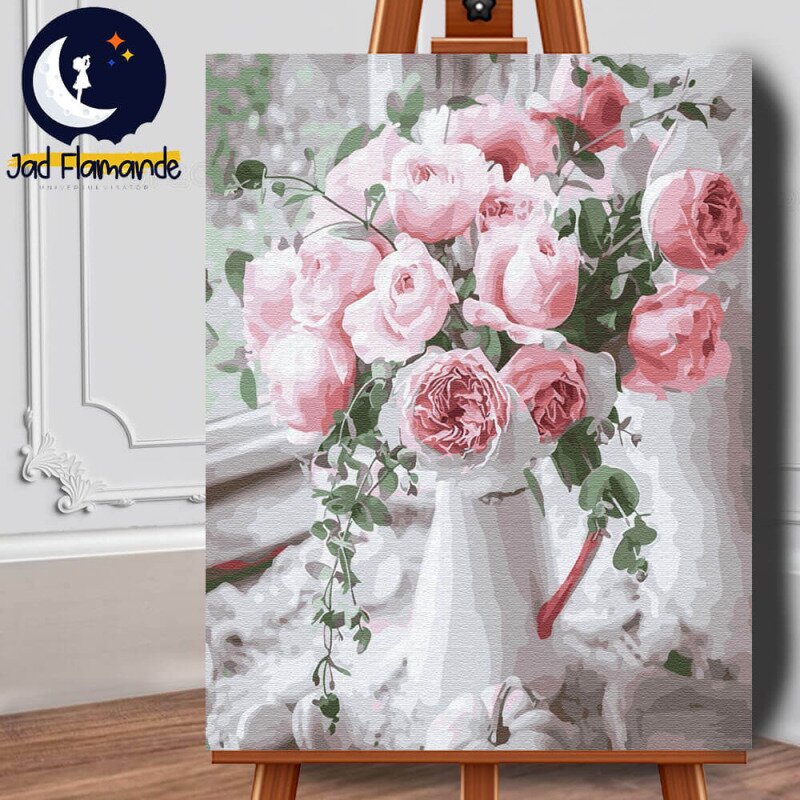 te astept cu un buchet de trandafiri Set pictura pe numere (panza) Buchet de trandafiri roz 50x40 cm
