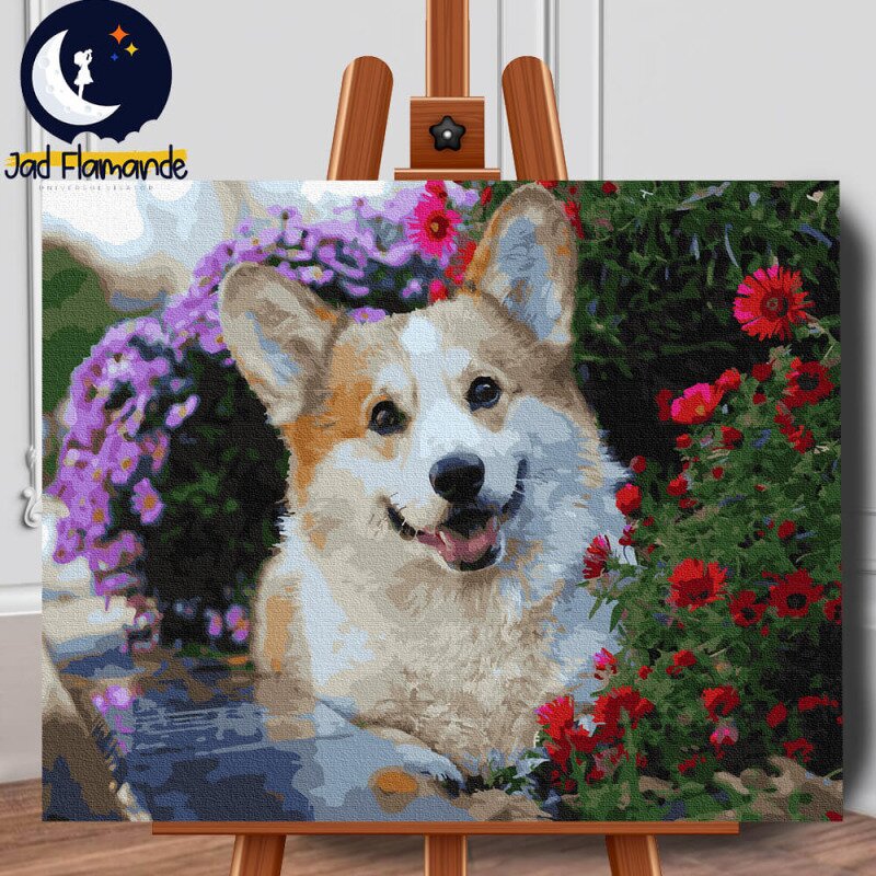 Set pictura pe numere (panza) Catel Corgi intre flori 40x50 cm