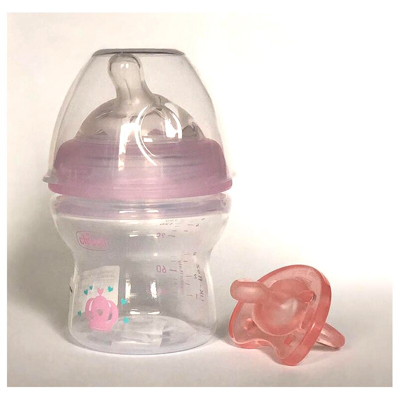Chicco - set promo biberon 150ml si suzeta silicon, roz, 0luni+