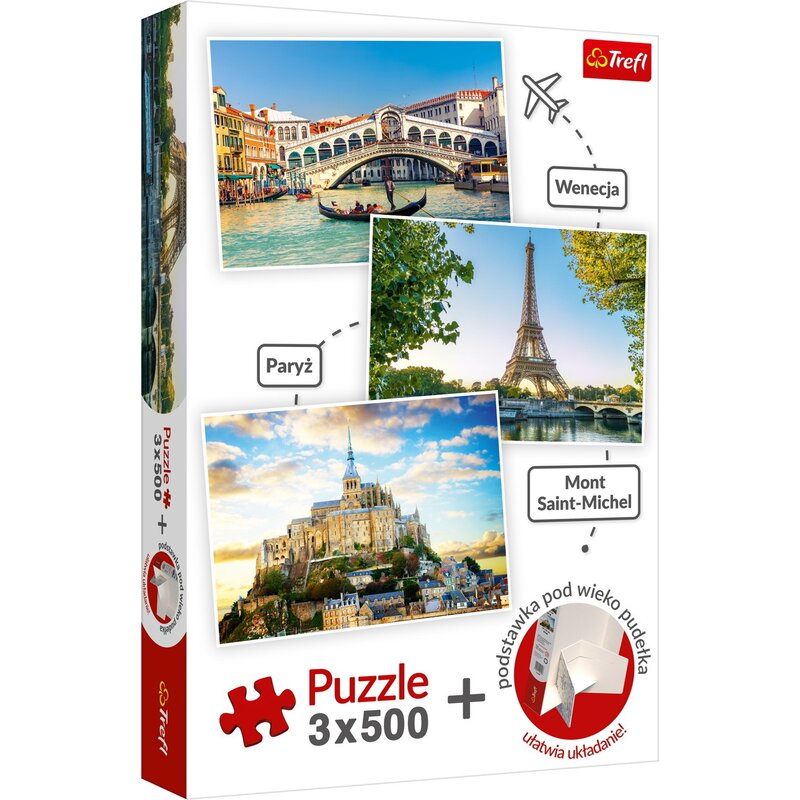 Trefl - Puzzle peisaje Venetia Paris Mont Saint-Michel , Puzzle Copii , 3 in 1, piese 1500, Multicolor