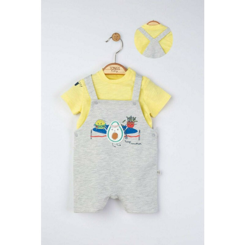 Set salopeta cu tricou de vara pentru bebelusi Marathon, Tongs baby (Culoare: Somon, Marime: 6-9 luni)