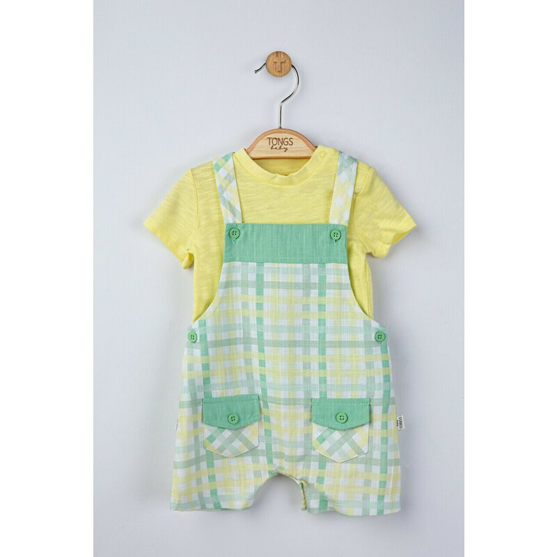 Set salopeta cu tricou in carouri pentru bebelusi, Tongs baby (Culoare: Gri, Marime: 6-9 luni)