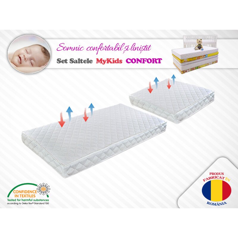 Mykids - set saltele confort ii , 120x70 cm, cu 70x50 cm din bumbac, 8 cm cocos-spuma-cocos, alb
