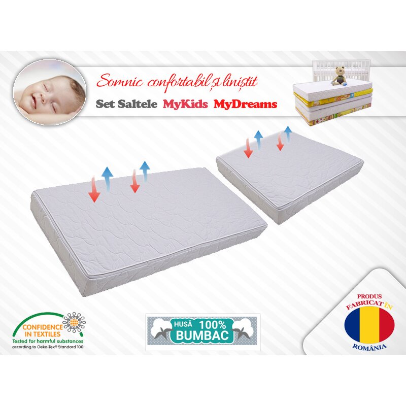 Mykids - set saltele mydreams ii , 120x80 cm, cu 80x50 cm din bumbac, 10 cm cocos-burete-cocos, alb
