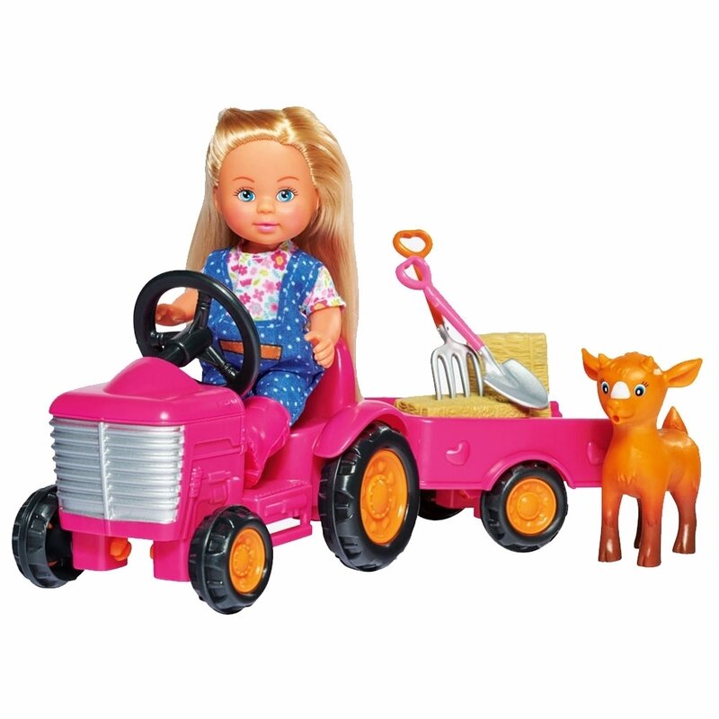 Simba - set de joaca tractor cu remorca, cu accesorii, cu papusa evi love